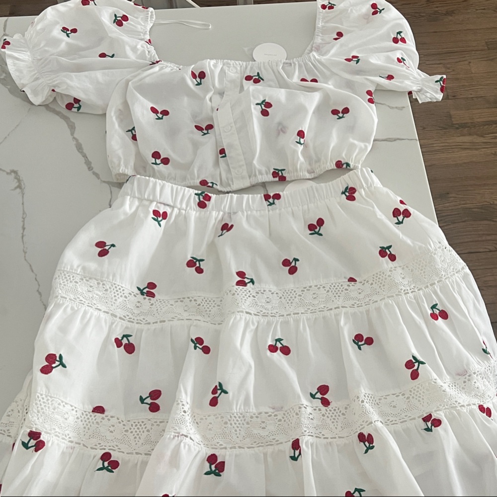 White Cherry Print Dress Set